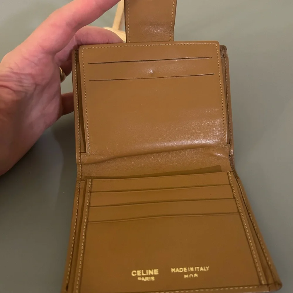 Authentic Celine Compact Kisslock Wallet, Vintage, Light Cognac Leather Trim